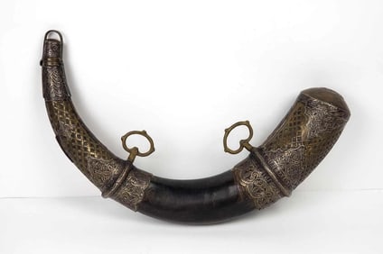 ANTIQUE EMBOSSED BRASS AND SILVERPLATE POWDER HORN