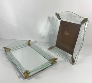 VINTAGE VENETIAN ART DECO STYLE MIRRORED VANITY TRAY PLATEAU AND ETCHED GLASS PICTURE FRAME