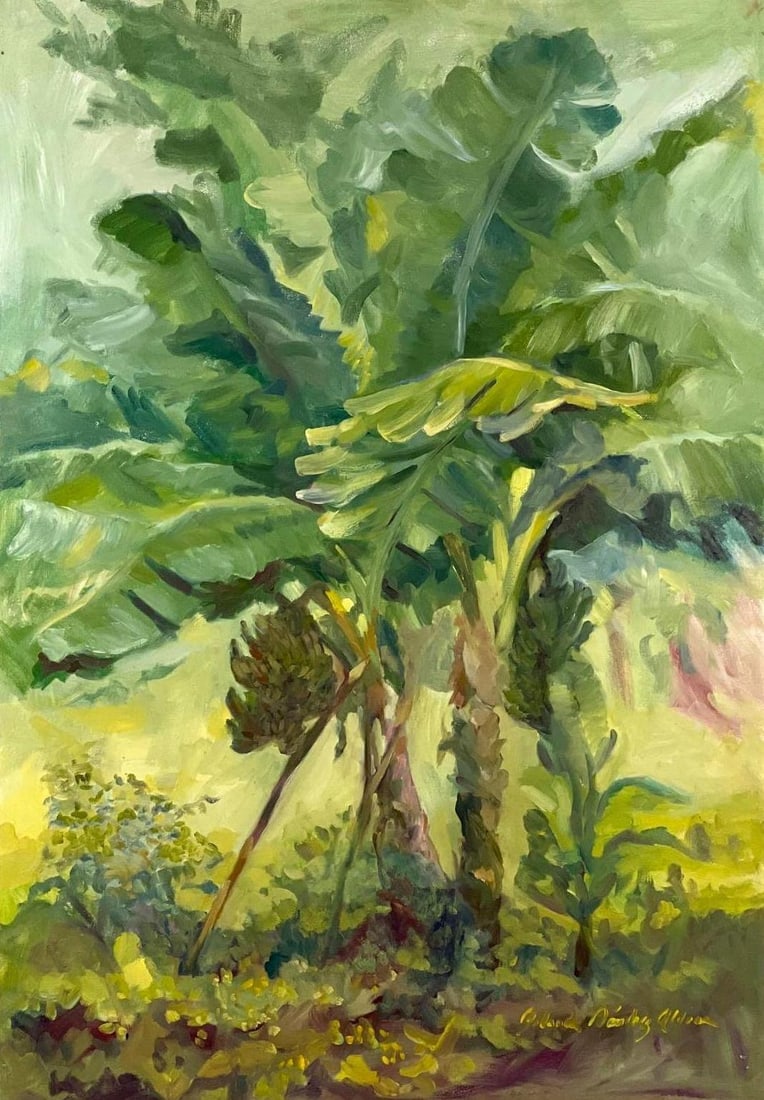 SIGNED IMPRESSIONIST OIL ON CANVAS OF BANANA TREE: A framed, signed Impressionist oil on canvas painting, depicting a lush banana tree with ripening fruit. Dimensions: 43.5” x 32” Artist or Maker: Signed Yolanda (indecipherable) Notes: Alt