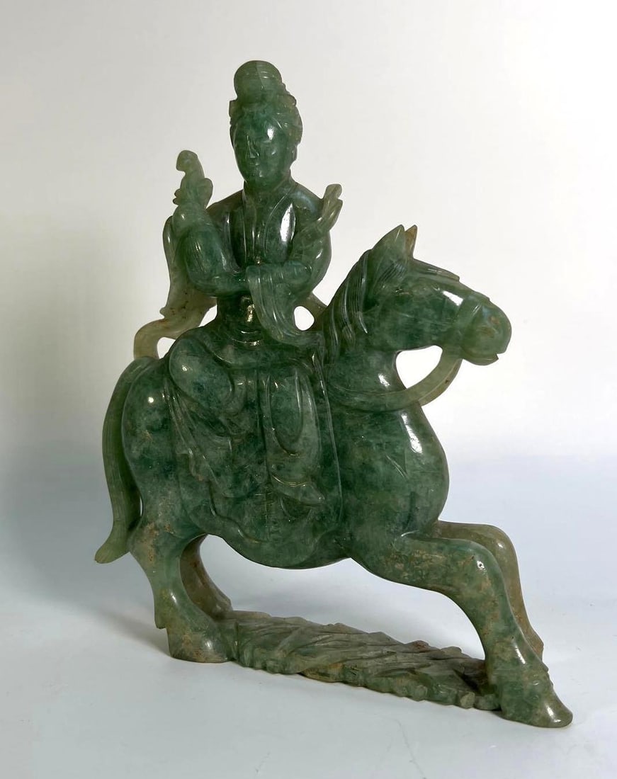 UNUSUAL CHINESE CARVED JADE FIGURINE OF GUANYIN ON HORSEBACK with repair (1 of 9)