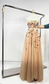 MOSCHINO DUSTY PINK STRAPLESS RUCHED TULLE BALLERINA GOWN WITH "VINTAGE" PINS DETAIL