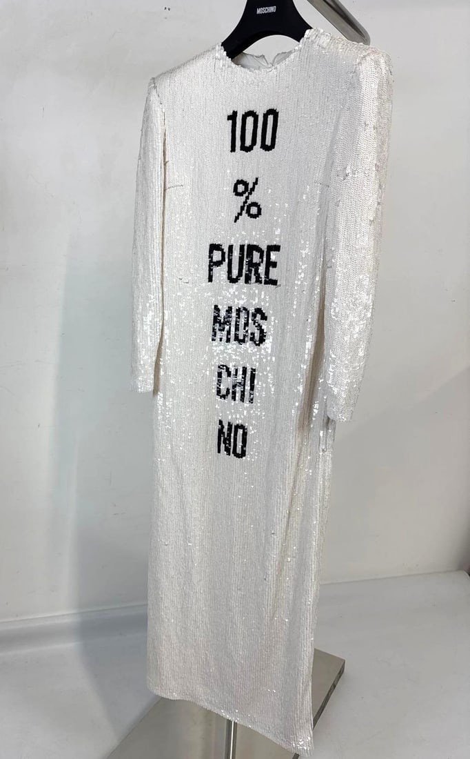 MOSCHINO ARCHIVAL SAMPLE "100% PURE MOSCHINO" SEQUINED MID LENGTH LONG SLEEVE EVENING GOWN (1 of 8)