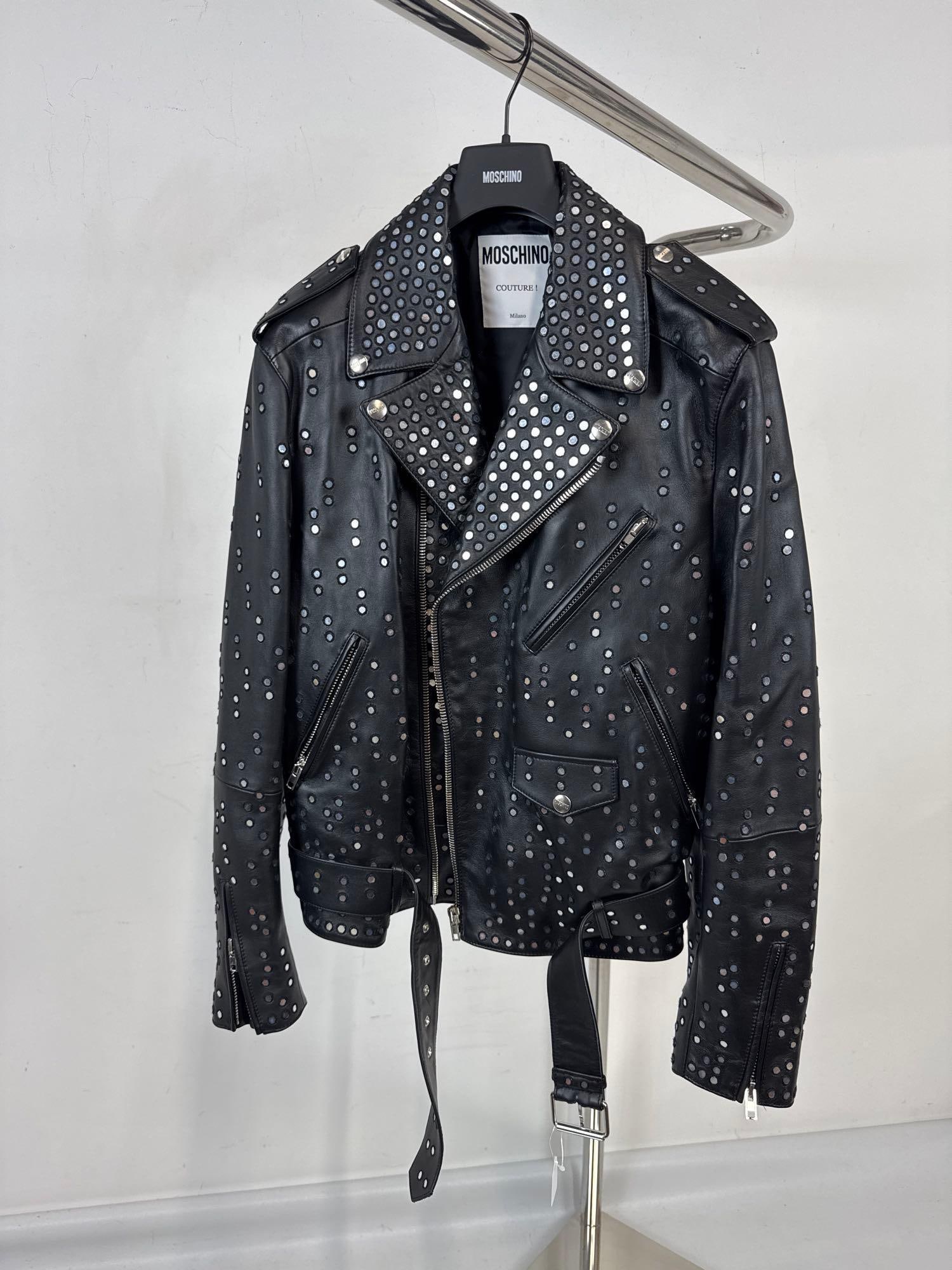 MOSCHINO COUTURE ARCHIVAL SAMPLE BLACK LEATH OVERSIZED BIKER JACKET WITH MIRRORED PAILLETES (1 of 3)