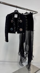 MOSCHINO JEREMY SCOTT STUDDED SPIKED AND EMBROIDERED FAUX BROOCHES CROPPED BOUCLE JACKET AND SKIRT