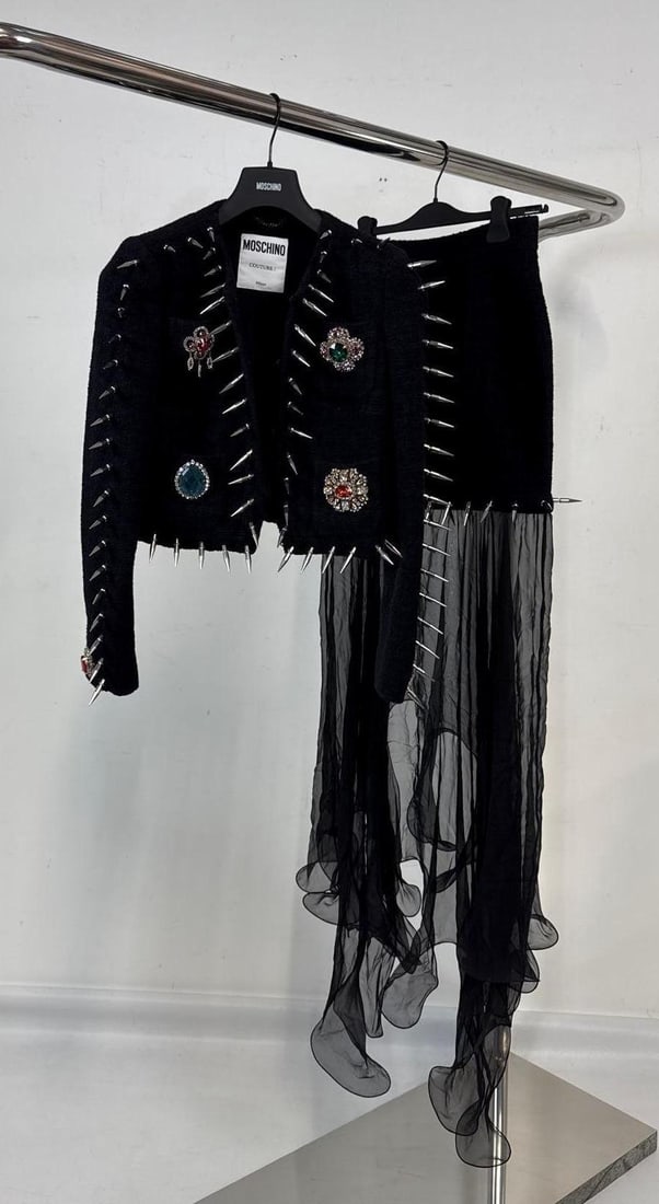 MOSCHINO JEREMY SCOTT STUDDED SPIKED AND EMBROIDERED FAUX BROOCHES CROPPED BOUCLE JACKET AND SKIRT (1 of 8)