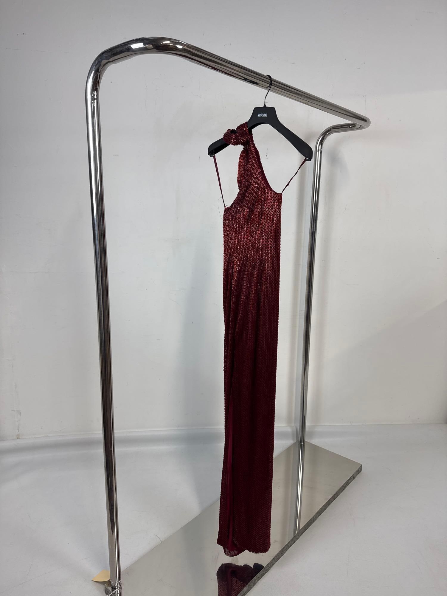 MOSCHINO JEREMY SCOTT ARCHIVAL ALL OVER BEADED BOW NECK SLEEVELESS RUBY RED EVENING GOWN (1 of 6)