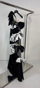 MOSCHINO COUTURE JEREMY SCOTT ONE SHOULDER BLACK AND WHITE GRAPHIC GOWN WITH BOWS SHEER INSETS