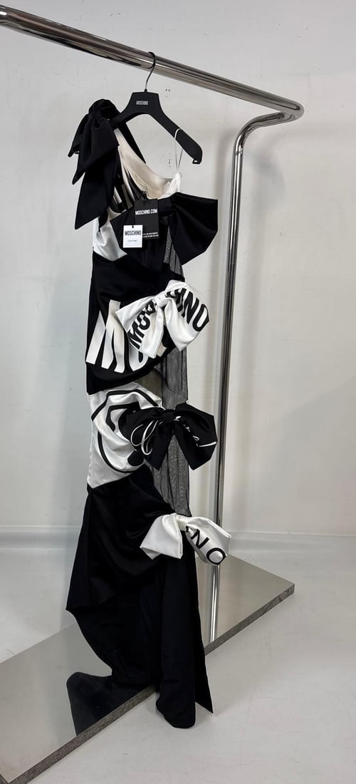 MOSCHINO COUTURE JEREMY SCOTT ONE SHOULDER BLACK AND WHITE GRAPHIC GOWN WITH BOWS SHEER INSETS (1 of 8)