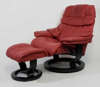 EKORNES STRESSLESS RED LEATHER RECLINING CHAIR AND OTTOMAN