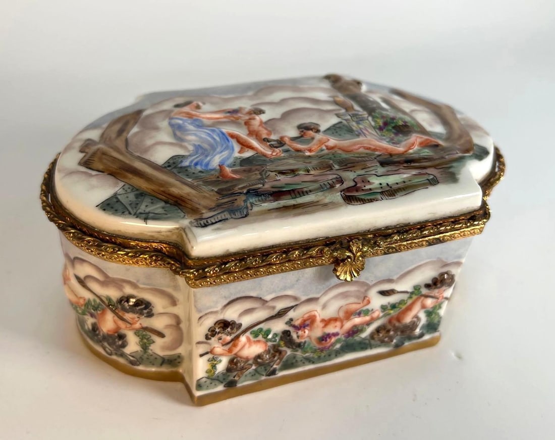 ANTIQUE CAPODIMONTE JEWELRY / TRINKET BOX: Antique Italian Relief Jewelry Box CIRCA 1800 Dimensions: 2.75” x 6” Notes: Mark on bottom places it at circa 1830. Although care is taken to photograph and describe the item, absence of