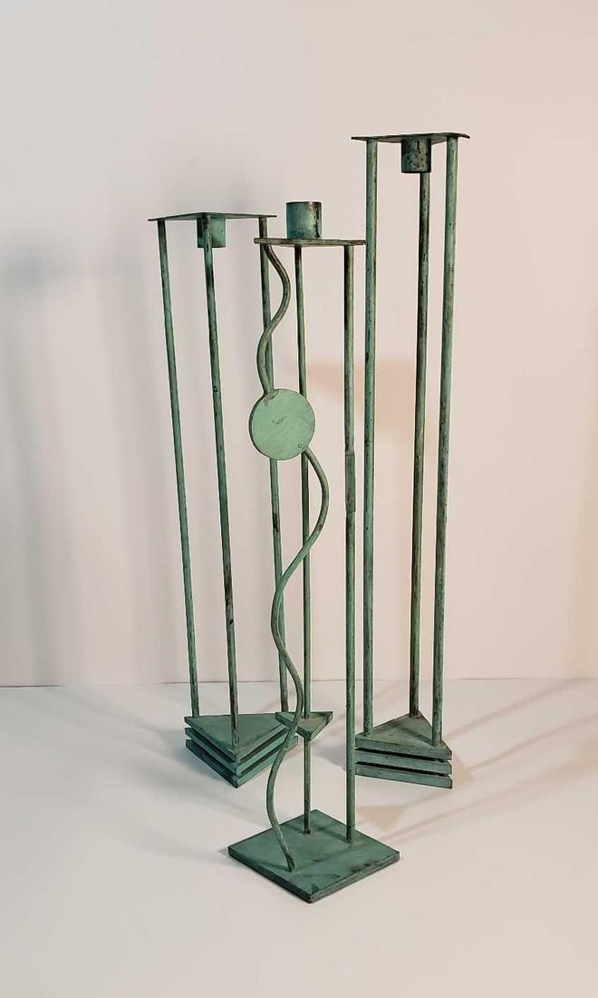 GROUP OF THREE SWID POWELL MEMPHIS STYLE BRASS VERDIGRIS FINISH CANDLESTICKS (Lot 1 of 2) (1 of 13)
