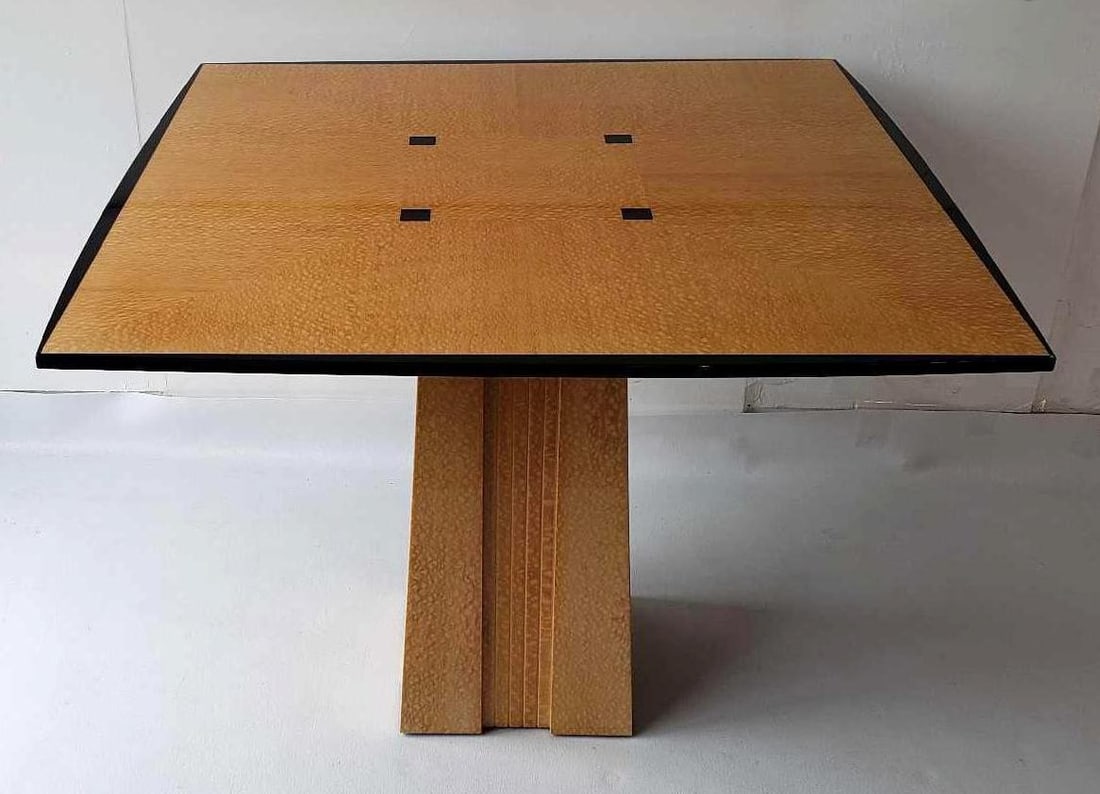 POSTMODERN QUILTED MAPLE DINING TABLE WITH PEDESTAL BASE AND EBONIZED ACCENTS (lot 1 of 2) (1 of 12)