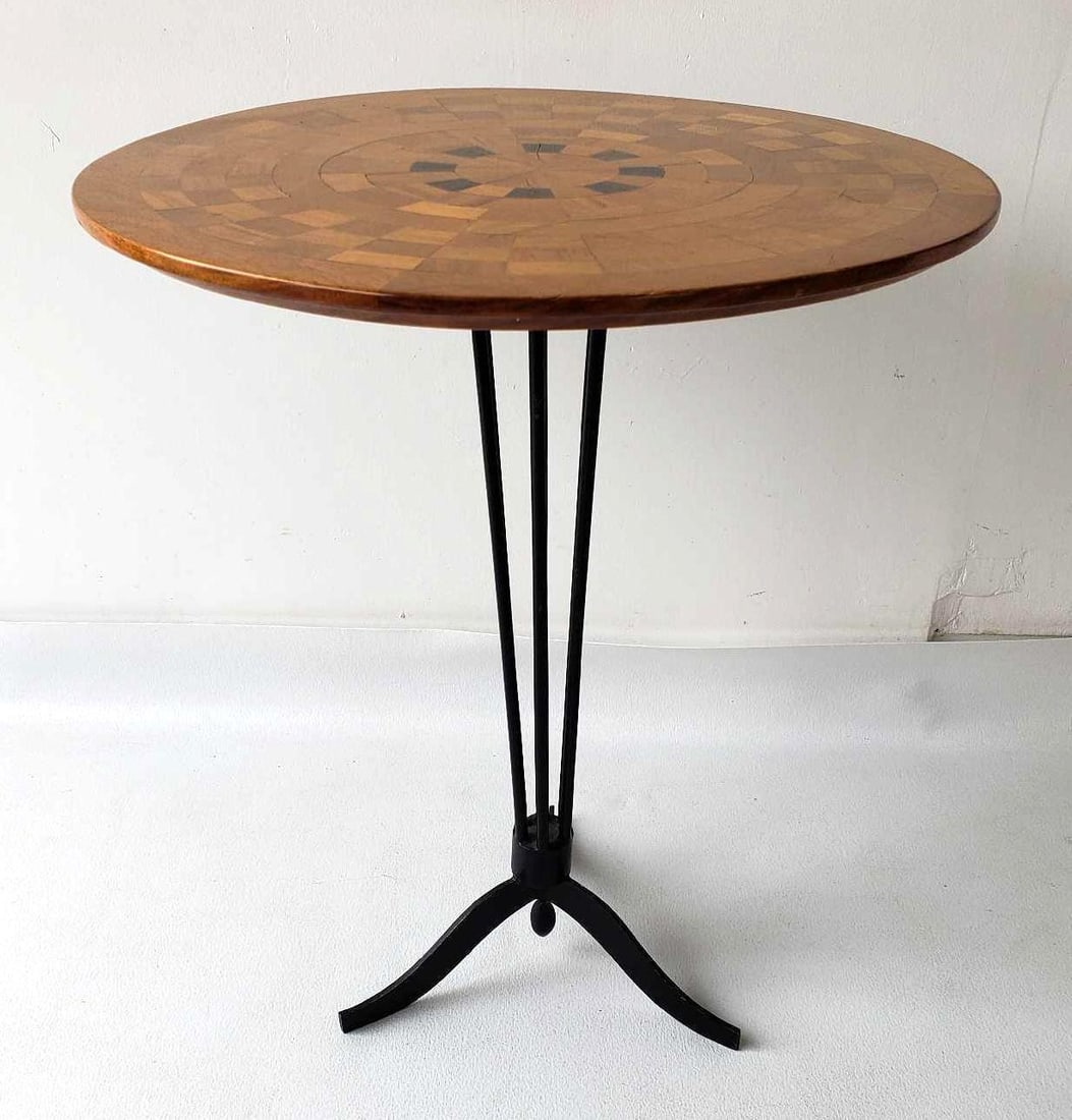 DANISH MODERN STYLE ROUND WOODEN MOSAIC INLAY SIDE TABLE WITH BLACK METAL BASE (1 of 12)