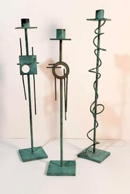 GROUP OF THREE SWID POWELL MEMPHIS STYLE BRASS VERDIGRIS FINISH CANDLESTICKS (lot 2 of 2)