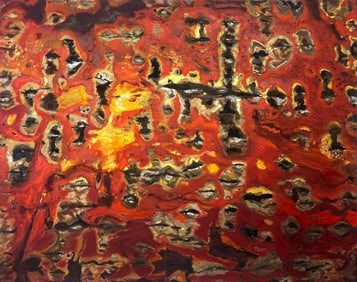 VERY LARGE MID-CENTURY MODERN ABSTRACT EXPRESSIONIST PAINTING - RED, YELLOW & BLACK