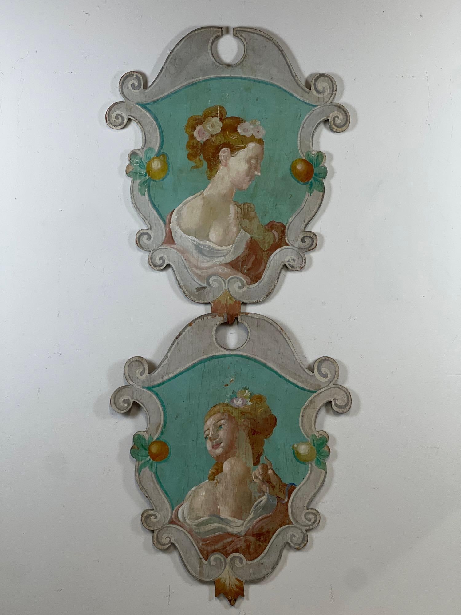 PAIR OF VINTAGE CAROUSEL CARTOUCHE DECOR PANELS | PAINTING OF MAIDENS ON BOARD (1 of 15)