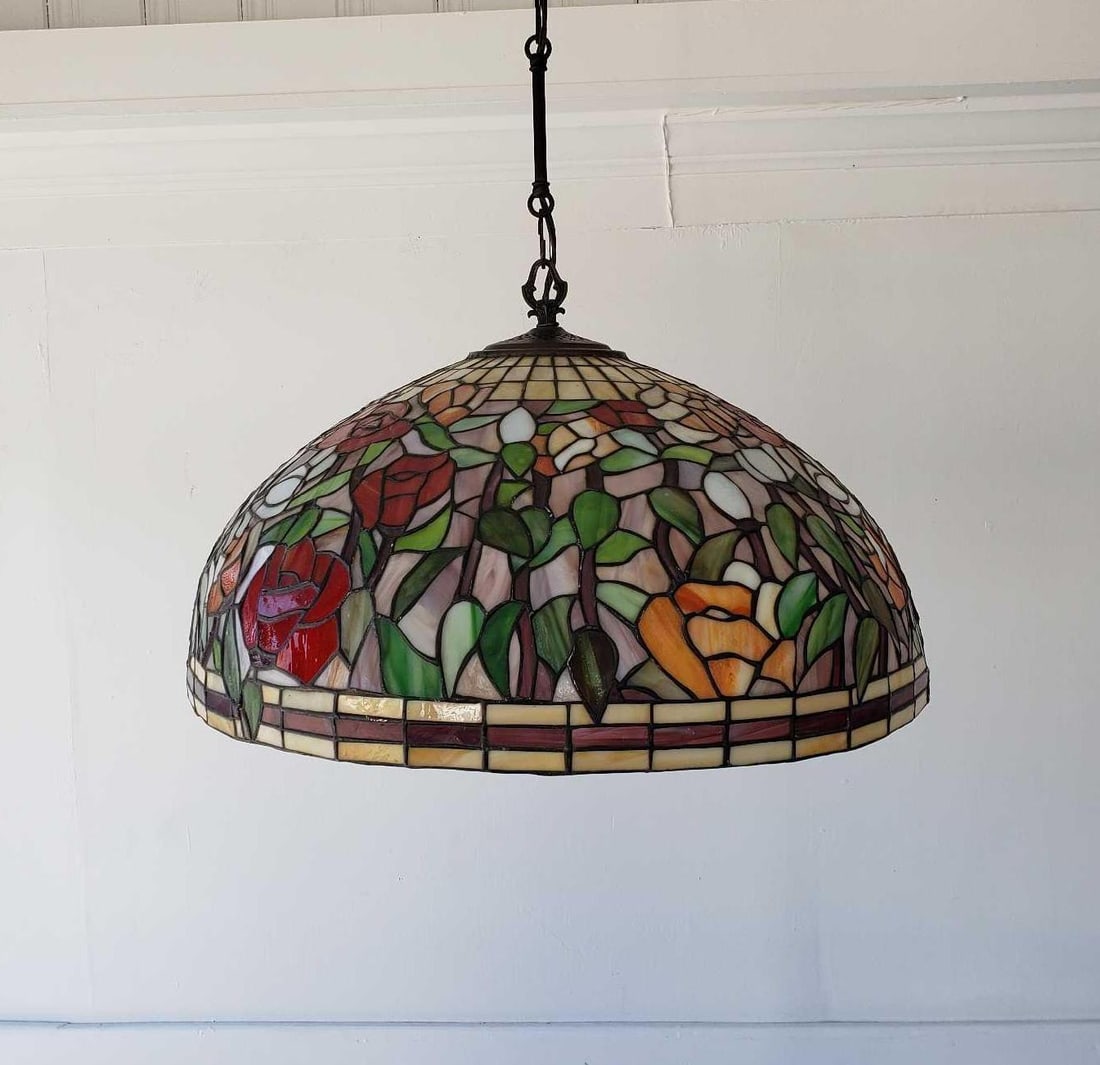 LEADED GLASS CHANDELIER ROSE MOTIF (1 of 9)