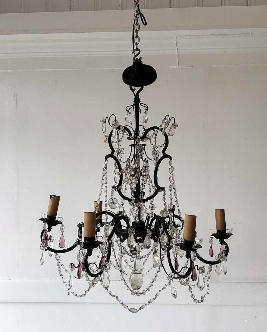 FRENCH ROCOCO STYLE IRON AND CRYSTAL 6-LIGHT CHANDELIER WITH AMETHYST FRUIT AND FLOWER DROPS (1 of 11)