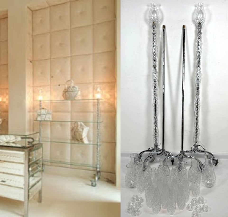 RARE PHILIPPE STARCK FOR JEAN PAUL GAULTIER CLOTHING RACK COMPONENTS: A discovery lot of 4 clothing rack uprights with casters and a multitude of Murano Crystal Sleeves. Note: the chrome cross bars are not included. Dimensions: 86" Tall Artist or Maker: STARCK Th