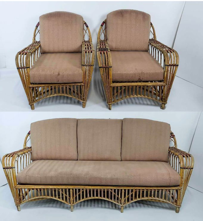 RARE ART DECO STICK REED "PRESIDENT'S" RATTAN THREE PIECE SET: SOFA AND TWO CHAIRS (1 of 20)