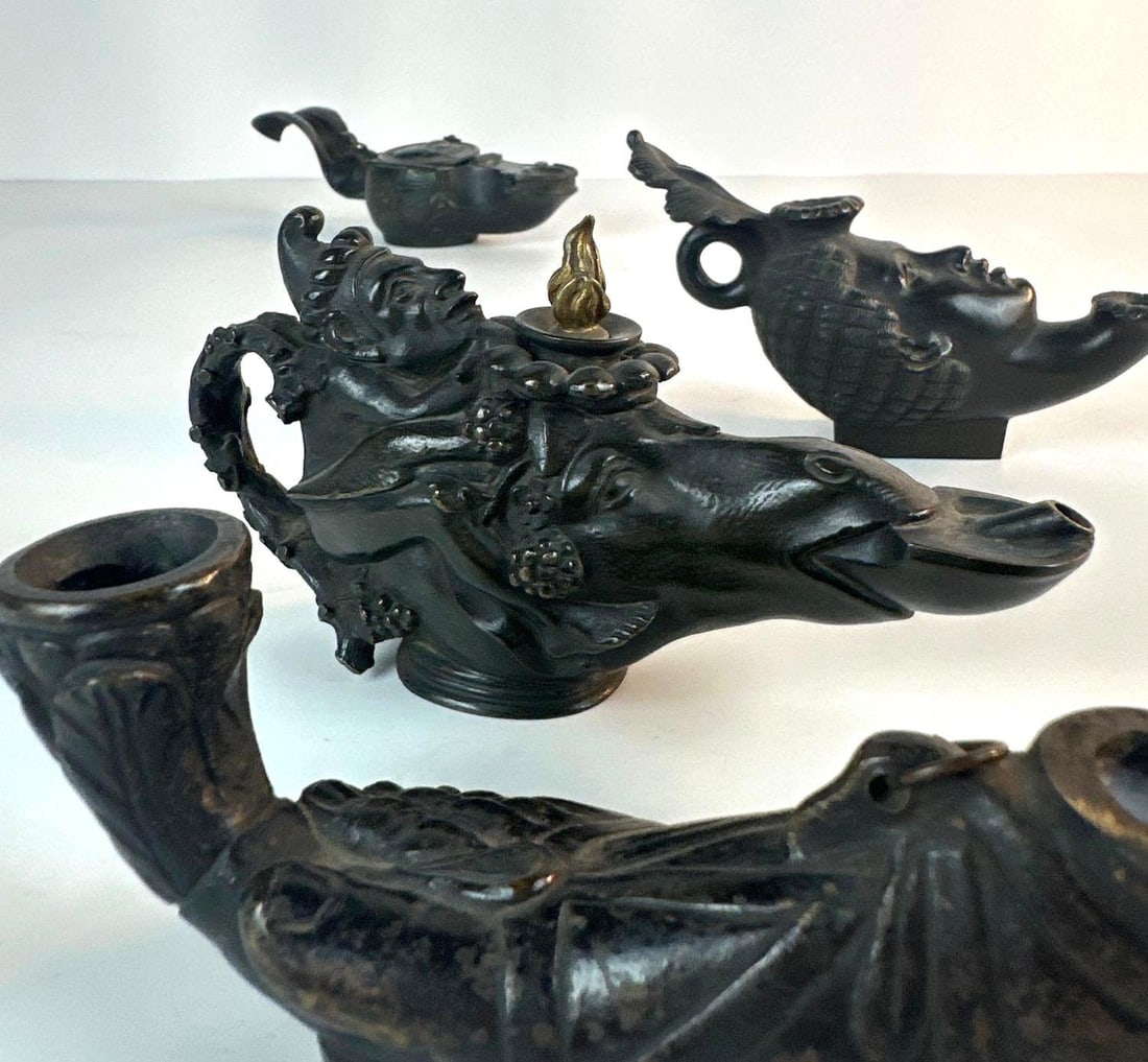 FOUR ANTIQUE FIGURAL BRONZE OIL LAMPS (1 of 19)