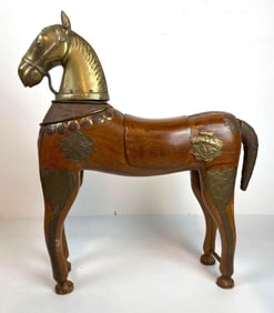 VINTAGE LARGE INDIAN BRASS MOUNTED WOODEN HORSE FIGURE WITH DECORATIVE APPLIQUES
