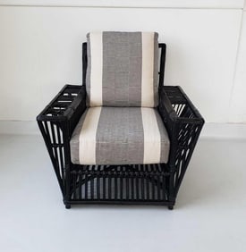 UNIQUE MID-CENTURY MODERN / ART DECO STYLE BLACK WICKER LOUNGE CHAIR WITH INTERGRATED CUP HOLDERS