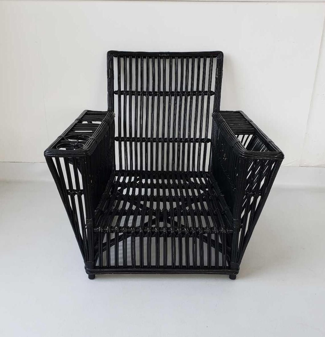 UNIQUE MID-CENTURY MODERN / ART DECO STYLE BLACK WICKER LOUNGE CHAIR WITH INTERGRATED CUP HOLDERS (1 of 15)