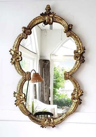 UNUSUAL ANTIQUE GILT WOOD ROCOCO MIRROR WITH RIBBON MOTIF