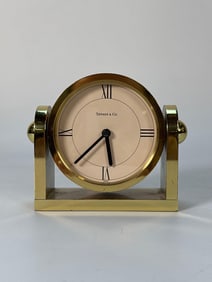 TIFFANY & CO. BRASS & ROMAN NUMERAL MID-CENTURY MODERN DESK CLOCK