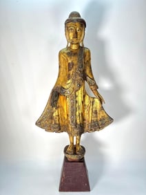 GILDED ANTIQUE, BURMESE, MANDALAY STYLE STANDING BUDDHA SCULPTURE