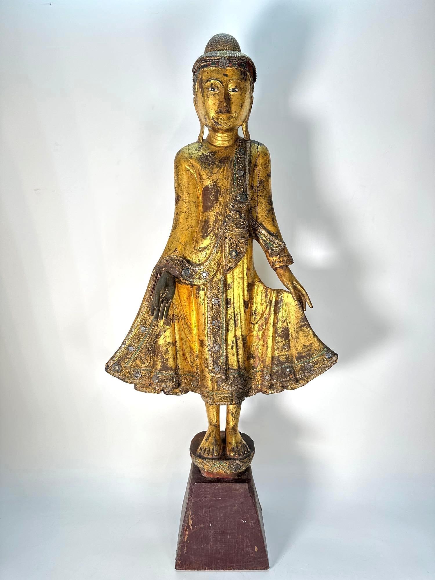 GILDED ANTIQUE, BURMESE, MANDALAY STYLE STANDING BUDDHA SCULPTURE (1 of 18)