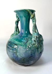 UNIQUE SIGNED AMPHORA-STYLE GLAZED POTTERY VASE WITH FIGURAL HANDLES & FACES