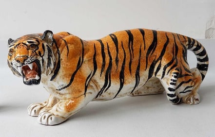 LARGE GLAZED TERRACOTTA ROARING TIGER STATUE (MADE IN ITALY)