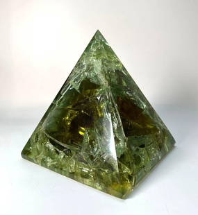 MONUMENTAL GREEN RESIN PYRAMID SCULPTURE SIGNED F. GODELSKI: A green resin pyramid, signed by F. Godelski, featuring a shattered or faceted internal structure that catches the light. Orinigally available at Barney&#39;s Chelsea Passage Home.  From the private c