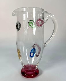 SIGNED MID-CENTURY MODERN SIGNED MURANO ATTR. ART GLASS PITCHER WITH APPLIED PRUNTS