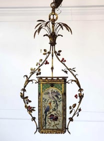 EXCEPTIONAL FRENCH TOLE AND GILT CHANDELIER WITH HAND PAINTED BIRD MOTIF FROSTED GLASS PANELS
