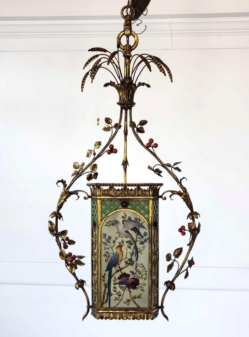 EXCEPTIONAL FRENCH TOLE AND GILT CHANDELIER WITH HAND PAINTED BIRD MOTIF FROSTED GLASS PANELS (1 of 17)
