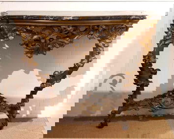 ORNATE ANTIQUE FRENCH LOUIS XV STYLE GILTWOOD DEMILUNE CONSOLE TABLE WITH BLACK MARBLE TOP
