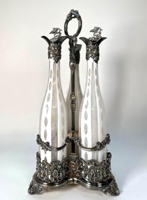 ANTIQUE VICTORIAN SILVER PLATE & CUT GLASS DECANTER/ CRUET SET WITH ROCOCO REVIVAL FRAME