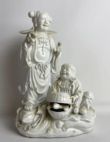 CHINESE BLANC DE CHINE FIGURAL GROUP OF HEHE TWINS WITH TURTLE
