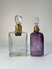PAIR OF VINTAGE BACCARAT STYLE DECANTERS W/ GILT MOUNTS & PADLOCKS