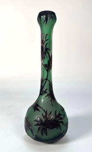 EXCEPTIONAL EMILE GALLE ART NOUVEAU CAMEO GLASS VASE WITH FOLIATE DESIGN: A Emile Gallé abstract floral vase, distinguished by its unique green color and dark, etched floral designs. Dimensions: 9.25"T X 3.25"DIA Artist or Maker: Émile Gallé (French, 1846-1904)
