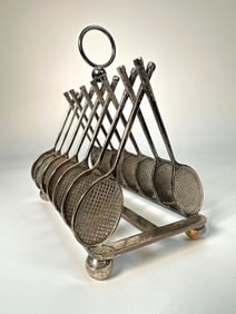 ANTIQUE SILVER-PLATE TOAST RACK W/ UNIQUE TENNIS RACKET DESIGN