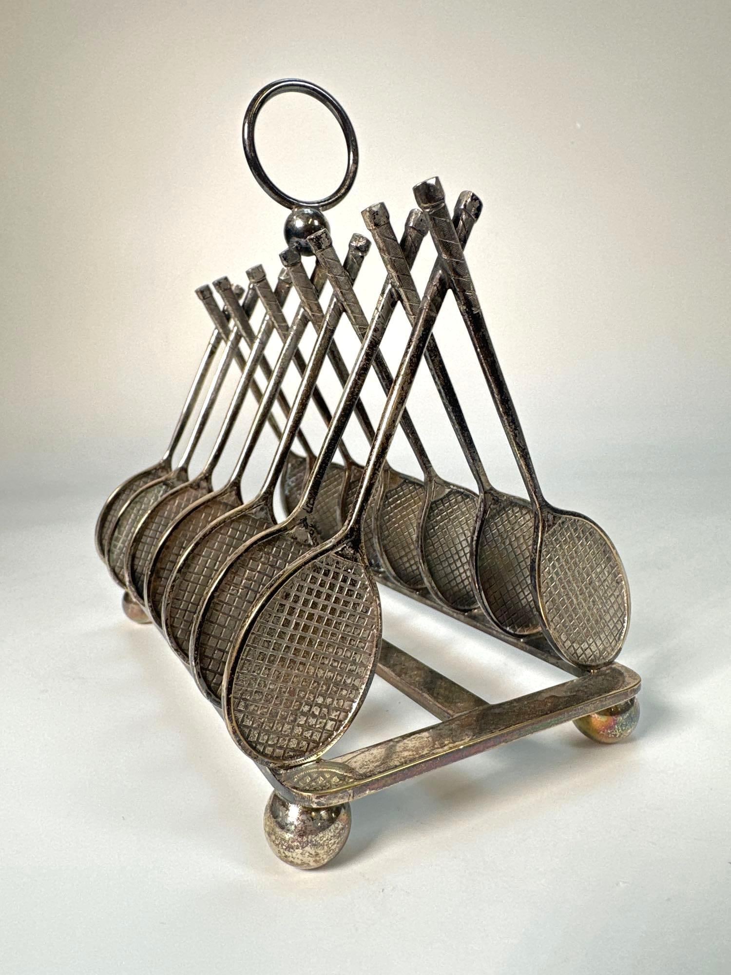 ANTIQUE SILVER-PLATE TOAST RACK W/ UNIQUE TENNIS RACKET DESIGN (1 of 8)