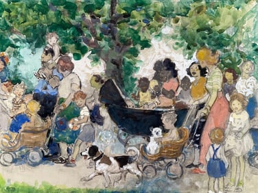 JOHN ALONZO WILLIAMS SIGNED IMPRESSIONIST PARK SCENE, PENCIL AND WATERCOLOR