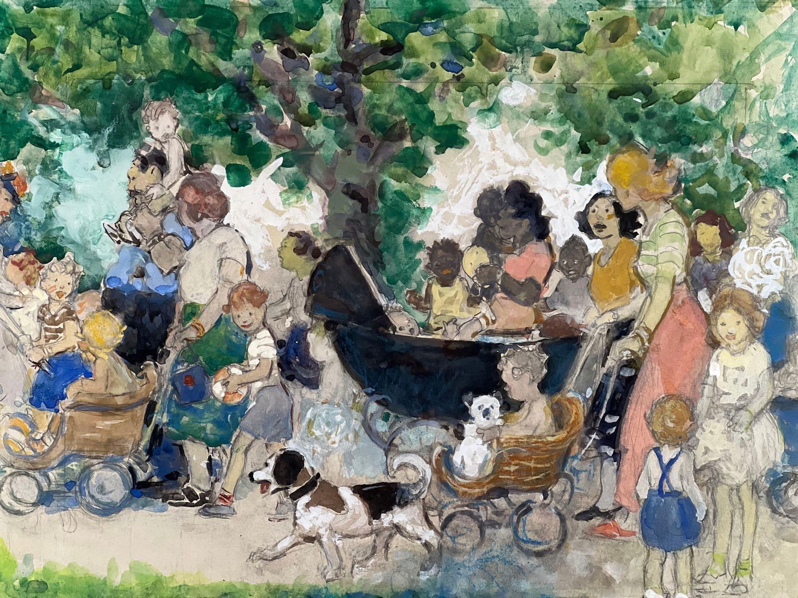 JOHN ALONZO WILLIAMS SIGNED IMPRESSIONIST PARK SCENE, PENCIL AND WATERCOLOR (1 of 12)