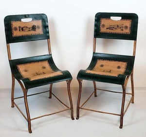 PAIR OF RARE FRENCH PAINT-DECORATED WROUGHT IRON BISTRO CHAIRS
