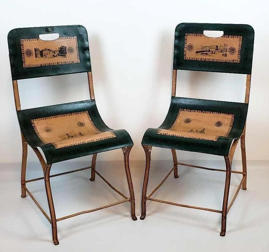 PAIR OF RARE FRENCH PAINT-DECORATED WROUGHT IRON BISTRO CHAIRS (1 of 16)