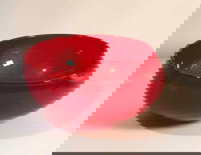 ELSA PERETTI MODERNIST ART GLASS THUMBPRINT BOWL FOR TIFFANY'S: A modernist art glass bowl designed by Elsa Peretti, characterized by her iconic minimalist forms and fluid aesthetic.  Dimensions: 5&#34;h x 11&#34;dia  Artist or Maker: Elsa Peretti  Notes: Although